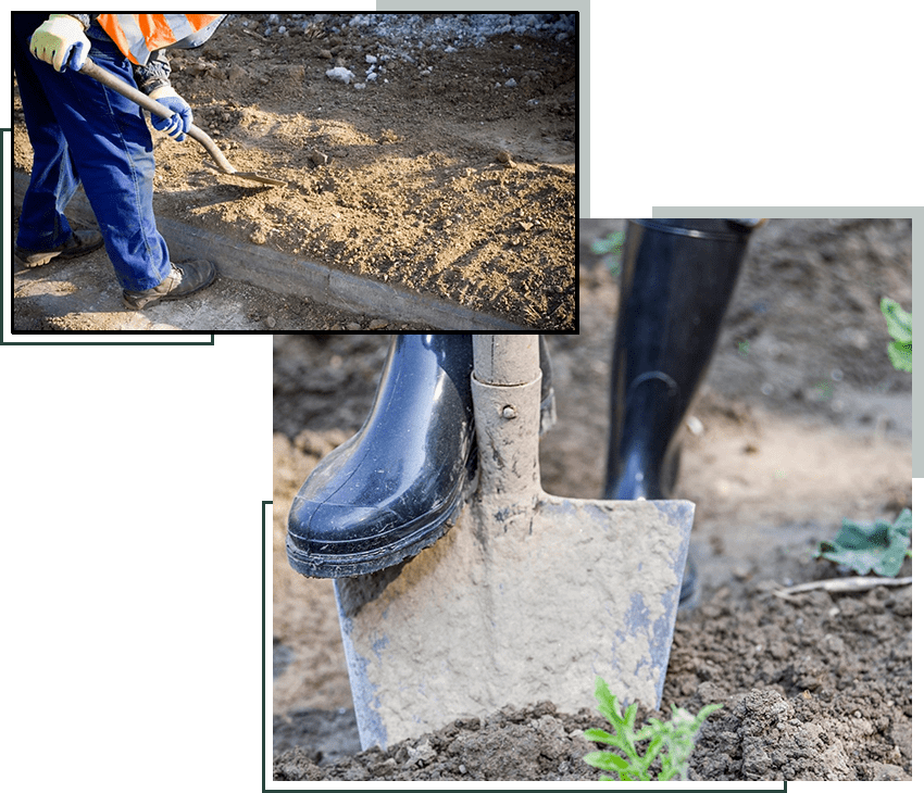 A person digging with a shovel and boots