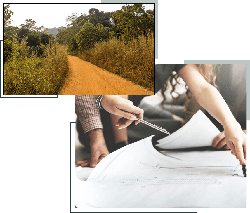 A picture of two different roads and one is writing on paper.