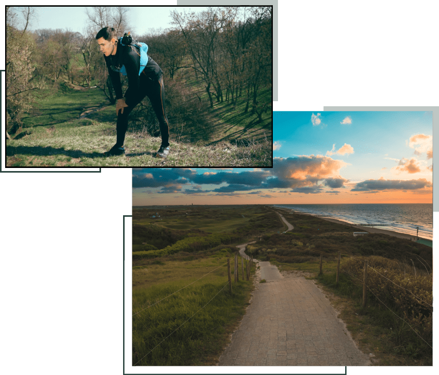 A collage of two pictures with one picture of a person in the grass and another photo of a path.