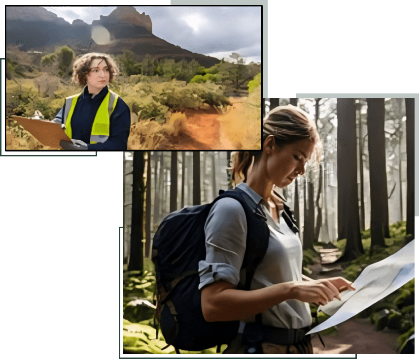 A woman in the woods with a backpack and map