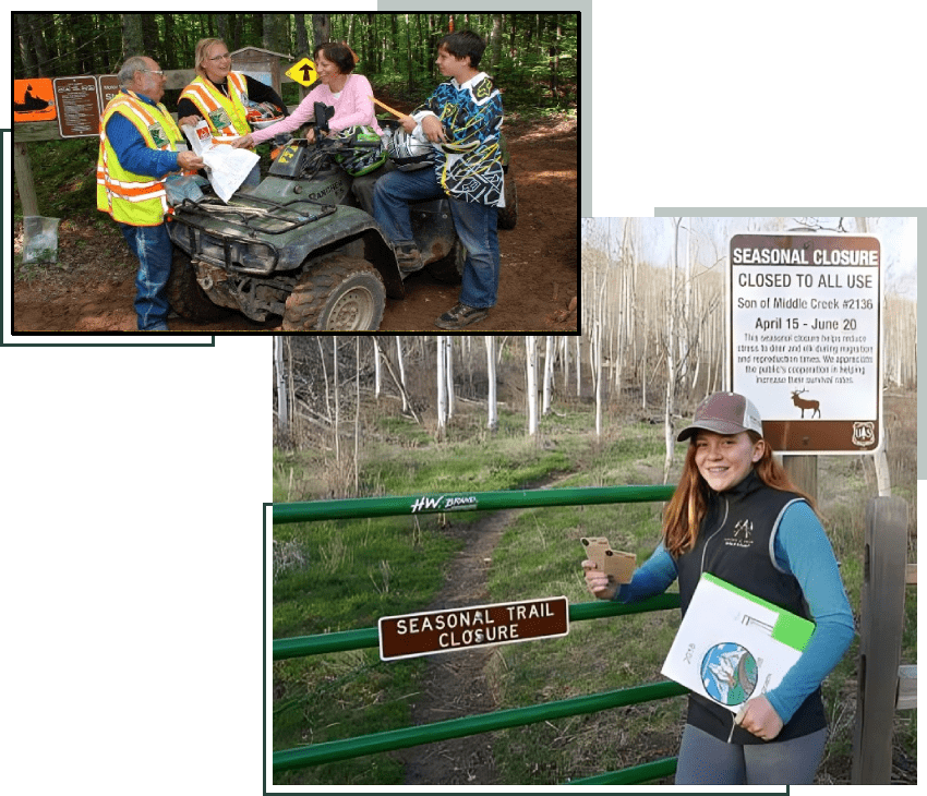 A woman standing next to an atv and another person on a four wheeler.