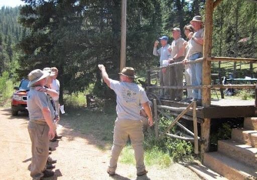 A group of people standing around in the woods.